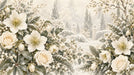 Winter garden mural with cream roses, hellebores, and frosted pine branches in a soft painterly style.