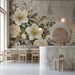 A serene restaurant space with a sophisticated floral garden wall mural.