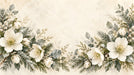 Winter hellebore floral mural with white flowers and sage green pine branches on parchment background