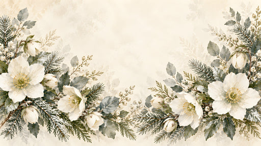 Winter hellebore floral mural with white flowers and sage green pine branches on parchment background