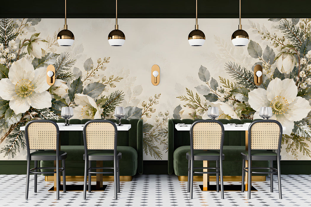 Floral winter wall mural installed behind a soft grey fabric restaurant wall