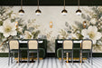 Floral winter wall mural installed behind a soft grey fabric restaurant wall