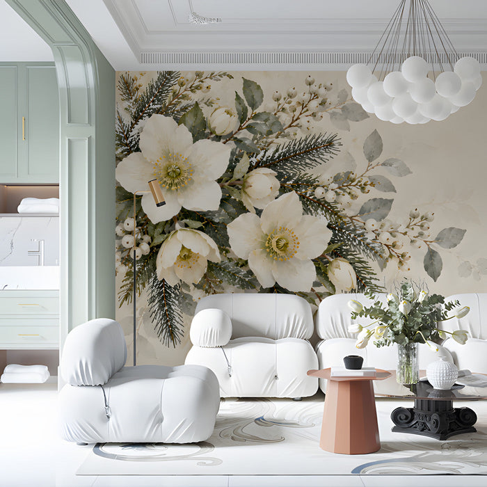 Elegant winter flower wall art in a serene home office with wooden furniture.