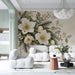 Elegant winter flower wall art in a serene home office with wooden furniture.