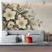 Botanical floral wallpaper installed in a light-filled modern commercial space.