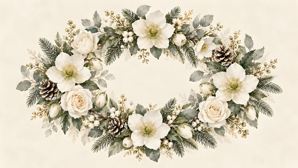 A horizontal floral wreath featuring cream hellebores, roses, pinecones, and sage-colored evergreens on a parchment background.