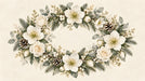 A horizontal floral wreath featuring cream hellebores, roses, pinecones, and sage-colored evergreens on a parchment background.
