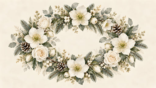 A horizontal floral wreath featuring cream hellebores, roses, pinecones, and sage-colored evergreens on a parchment background.