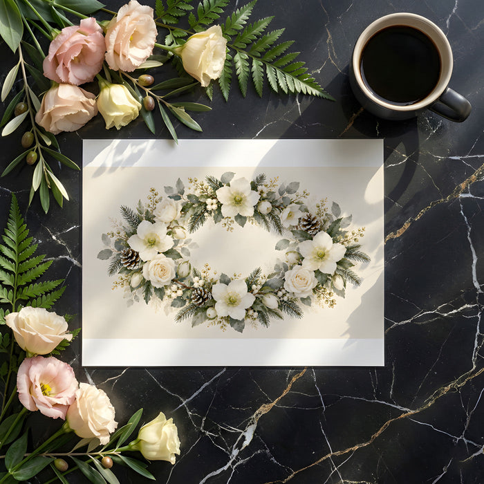 The winter botanical wreath wallpaper installed in a bright guest bedroom above a neutral headboard.
