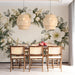 A serene dining corner with the floral wreath mural creating a soft and calm workspace environment.
