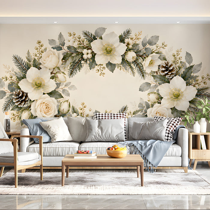 A cozy living room featuring the floral wreath mural as a delicate accent above a wooden sideboard.
