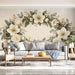 A cozy living room featuring the floral wreath mural as a delicate accent above a wooden sideboard.