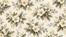 Floral pattern featuring white hellebore flowers, pine needles, and pinecones in sage green and cream watercolor style.