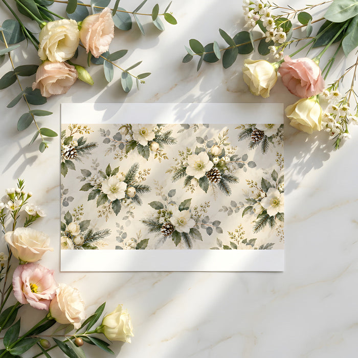 A bright dining room featuring a soft botanical wallpaper backdrop behind a modern rustic table.