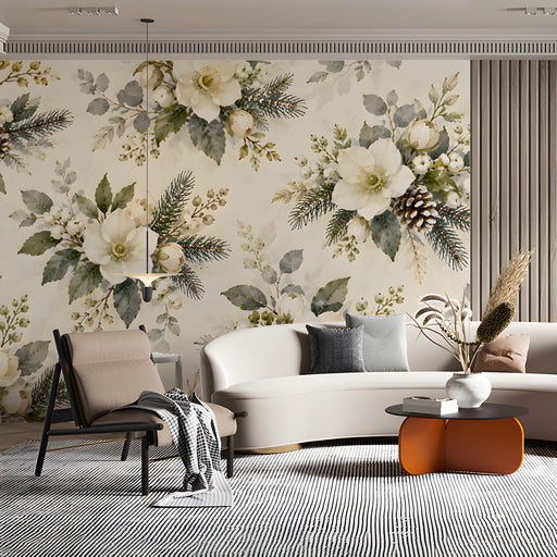 A living room showing a serene botanical wall mural paired with a minimalist console table.