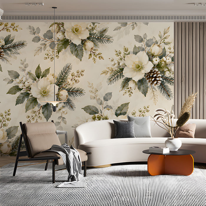 A living room showing a serene botanical wall mural paired with a minimalist console table.