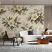A living room showing a serene botanical wall mural paired with a minimalist console table.