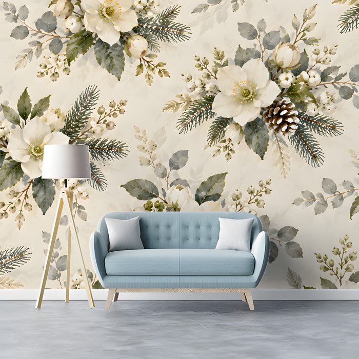 A cozy study with a winter floral wallpaper feature wall behind a light wooden headboard.