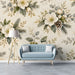 A cozy study with a winter floral wallpaper feature wall behind a light wooden headboard.