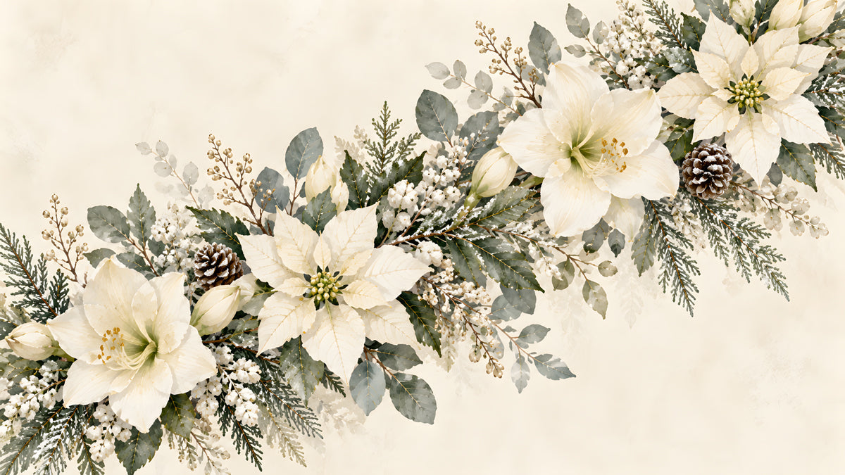 Close up of winter botanical mural featuring white poinsettias and frosted pine needles on a parchment background