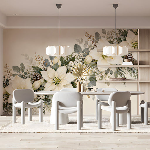 Frosted pine and poinsettia wallpaper design styled in a bright home office