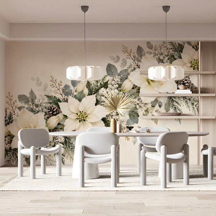 Frosted pine and poinsettia wallpaper design styled in a bright home office