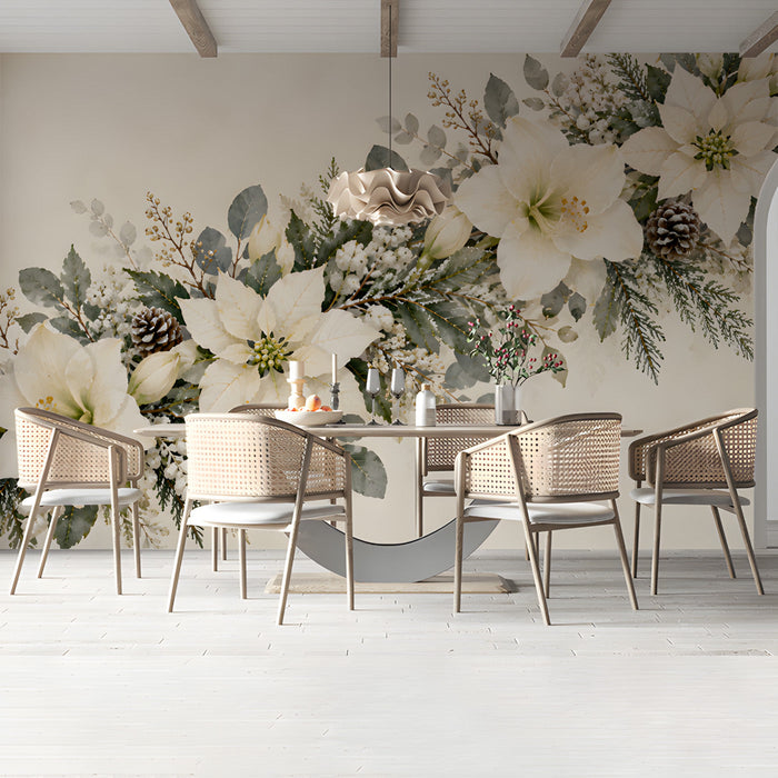 Winter floral mural installed in a dining room above a wooden table
