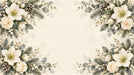 Winter floral mural with hellebore flowers, pinecones, and sage leaves on a creamy parchment background