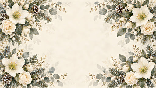 Winter floral mural with hellebore flowers, pinecones, and sage leaves on a creamy parchment background
