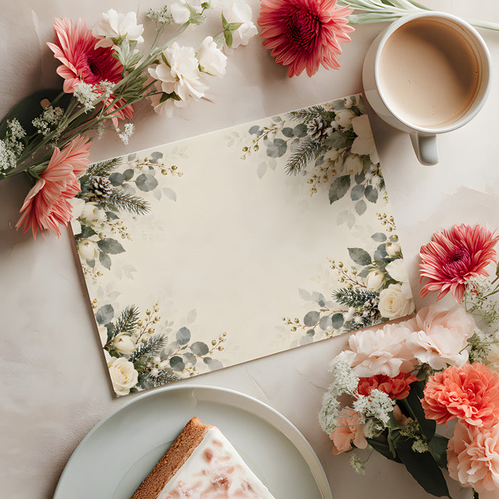 Dining room interior with floral wallpaper mural behind a dark wood table