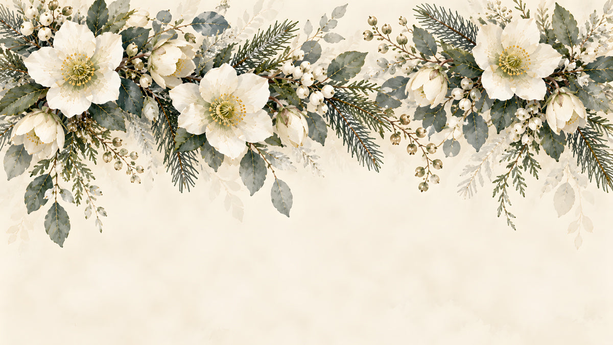 Floral wallpaper pattern featuring white hellebore flowers, sage green leaves, and winter berries on a soft cream background.