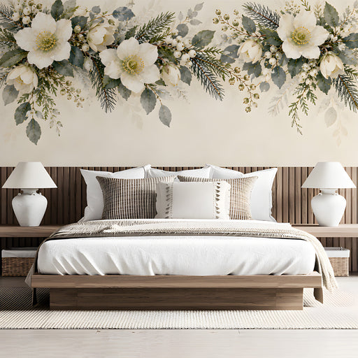 Elegant botanical wallpaper mural featuring winter blossoms in a bright, modern bedroom.