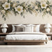 Elegant botanical wallpaper mural featuring winter blossoms in a bright, modern bedroom.