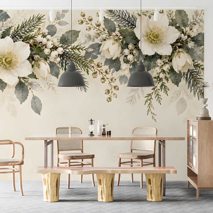 Floral winter wall mural installed in a light-filled dining room.