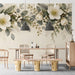 Floral winter wall mural installed in a light-filled dining room.