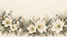 Winter amaryllis floral wallpaper with cream flowers, pinecones, and sage green leaves on a beige background.