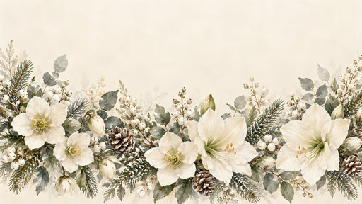Winter amaryllis floral wallpaper with cream flowers, pinecones, and sage green leaves on a beige background.