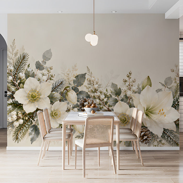 Elegant winter floral wall covering in a serene dining room with natural light and white textiles.