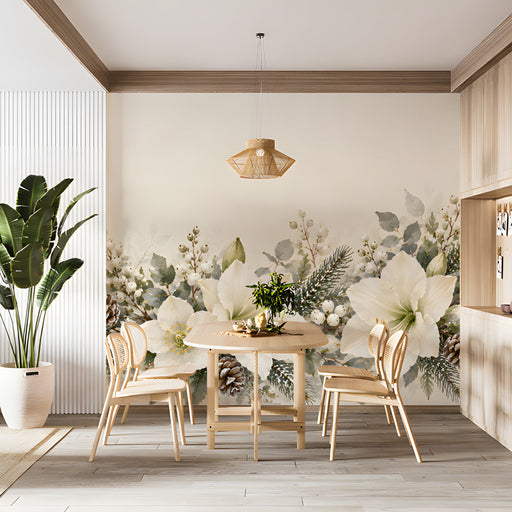 Floral mural installed in a bright dining room with a cream crib and soft linen bedding.