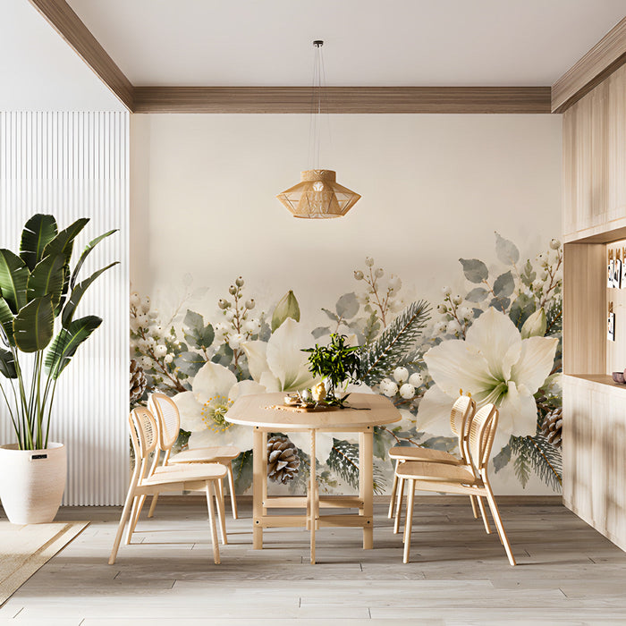Floral mural installed in a bright dining room with a cream crib and soft linen bedding.
