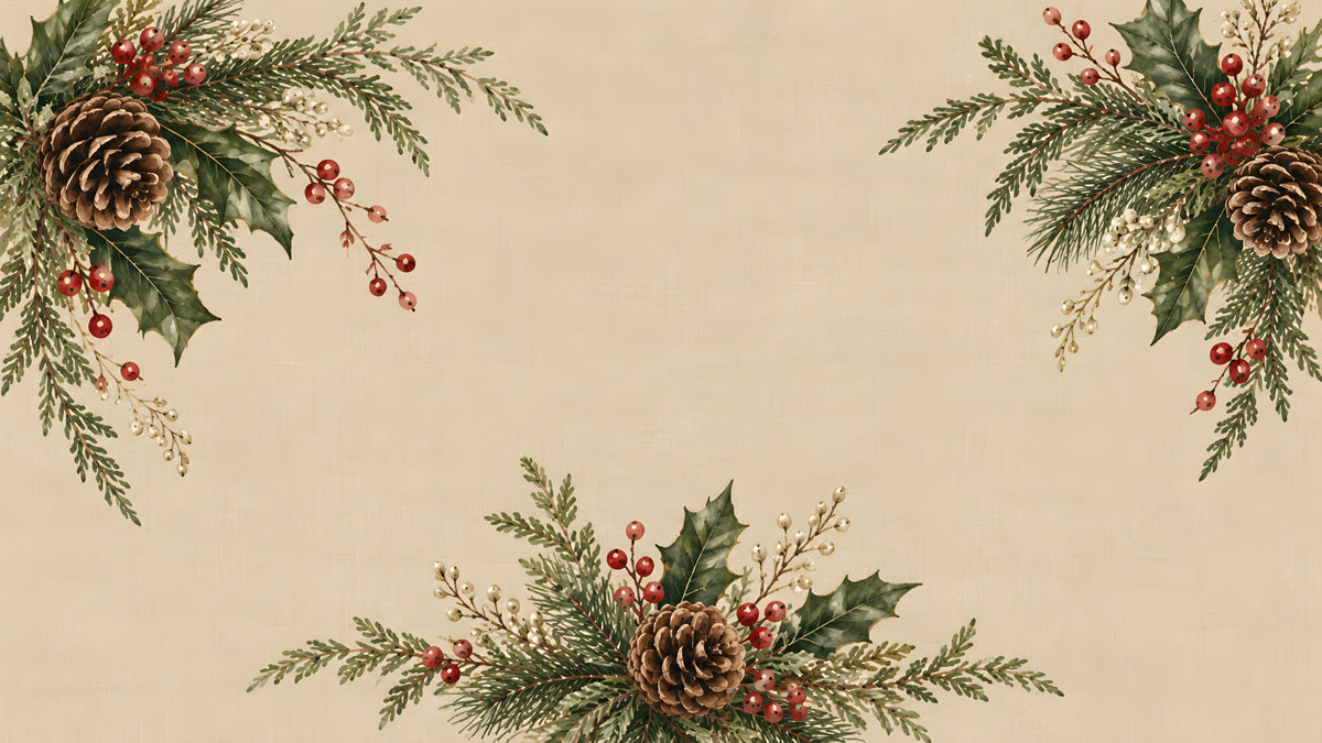 Winter foliage mural pattern with pinecones, red berries, and green boughs on an oatmeal linen-look background.