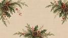 Winter foliage mural pattern with pinecones, red berries, and green boughs on an oatmeal linen-look background.
