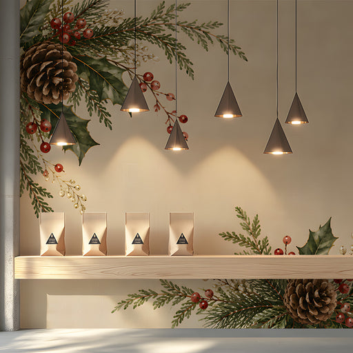 Elegant shopping interior with winter botanical wallpaper mural and neutral decor elements.