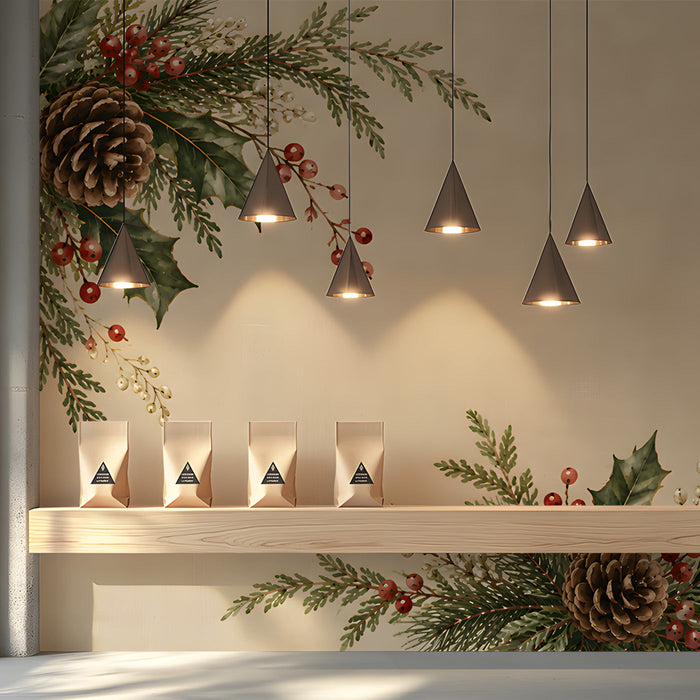 Elegant shopping interior with winter botanical wallpaper mural and neutral decor elements.