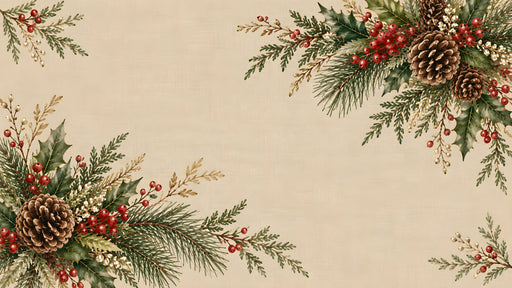 Winter pine, holly berries, and pinecones arranged in a botanical pattern on a beige textured background.