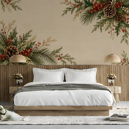 Welcoming bedroom space decorated with a classic evergreen and holly branch mural wallpaper.