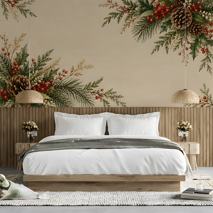 Welcoming bedroom space decorated with a classic evergreen and holly branch mural wallpaper.