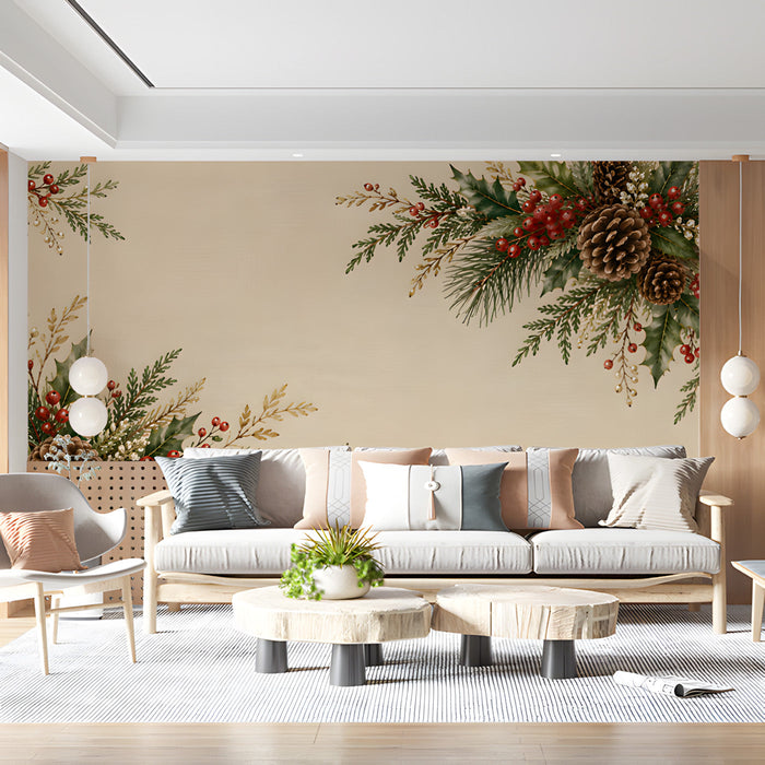 Festive living room featuring a pine and holly botanical wallpaper on the main feature wall.