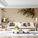 Festive living room featuring a pine and holly botanical wallpaper on the main feature wall.