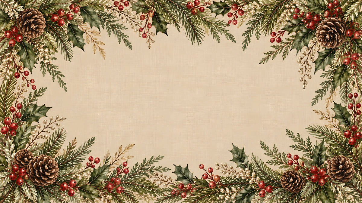 Winter forest border wallpaper with pinecones, red holly berries, and dark green fir branches on oatmeal linen background.